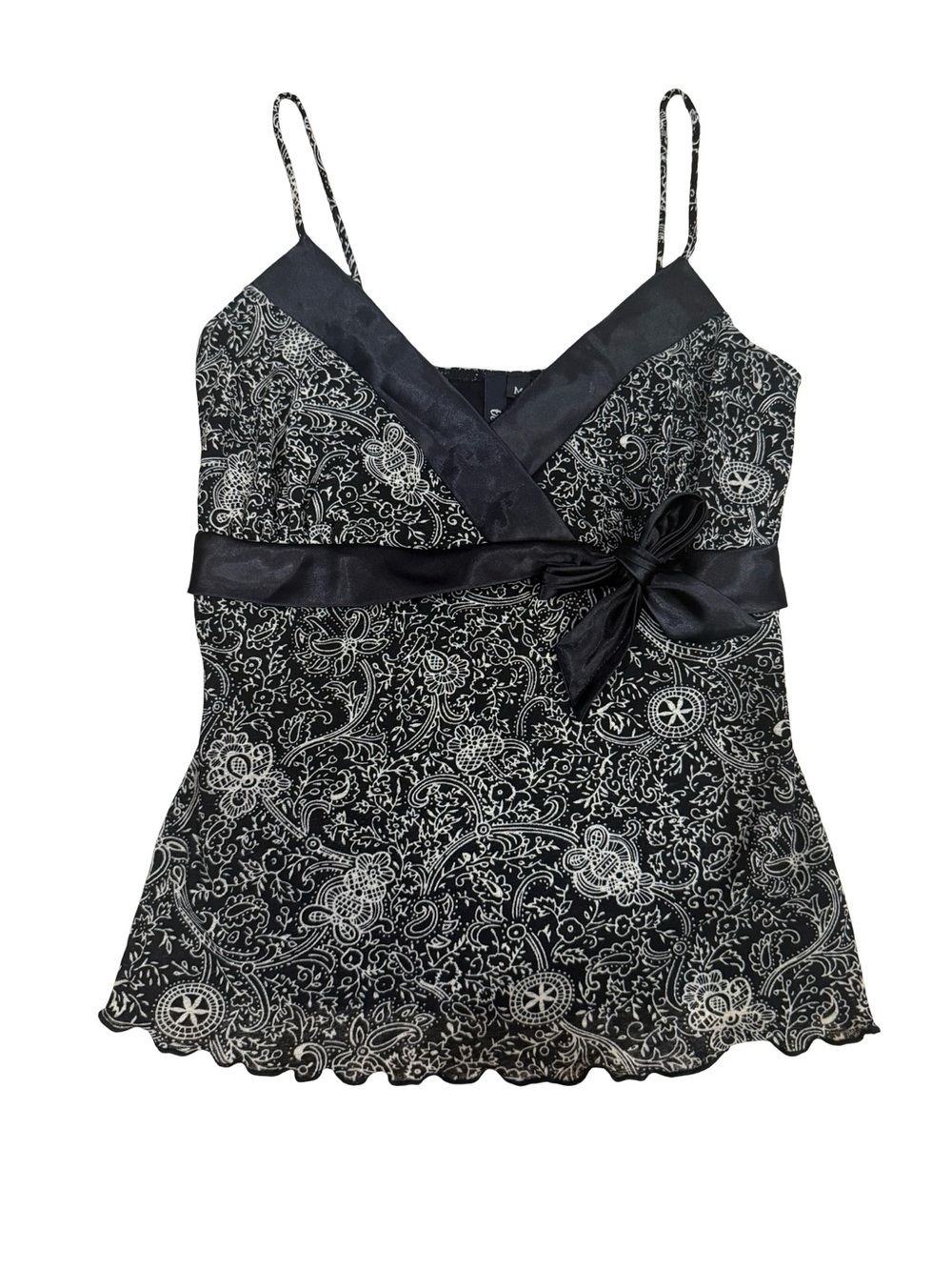 Y2K Black Paisley Camisole Top Medium Satin Trim Tie Front Flowy Babydoll Tank